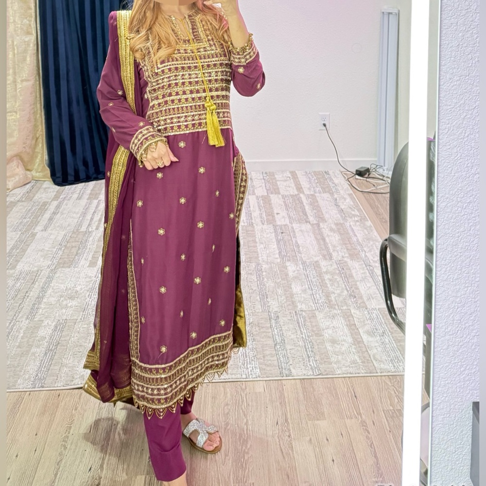 Elegant Purple and Gold Embroidered Dress